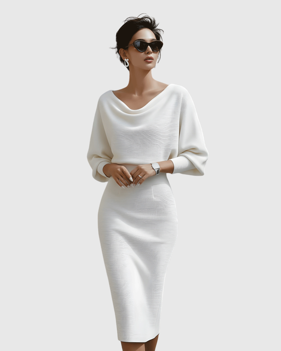Ismeria | Women's Draped Batwing Midi Dress with Cowl Neckline