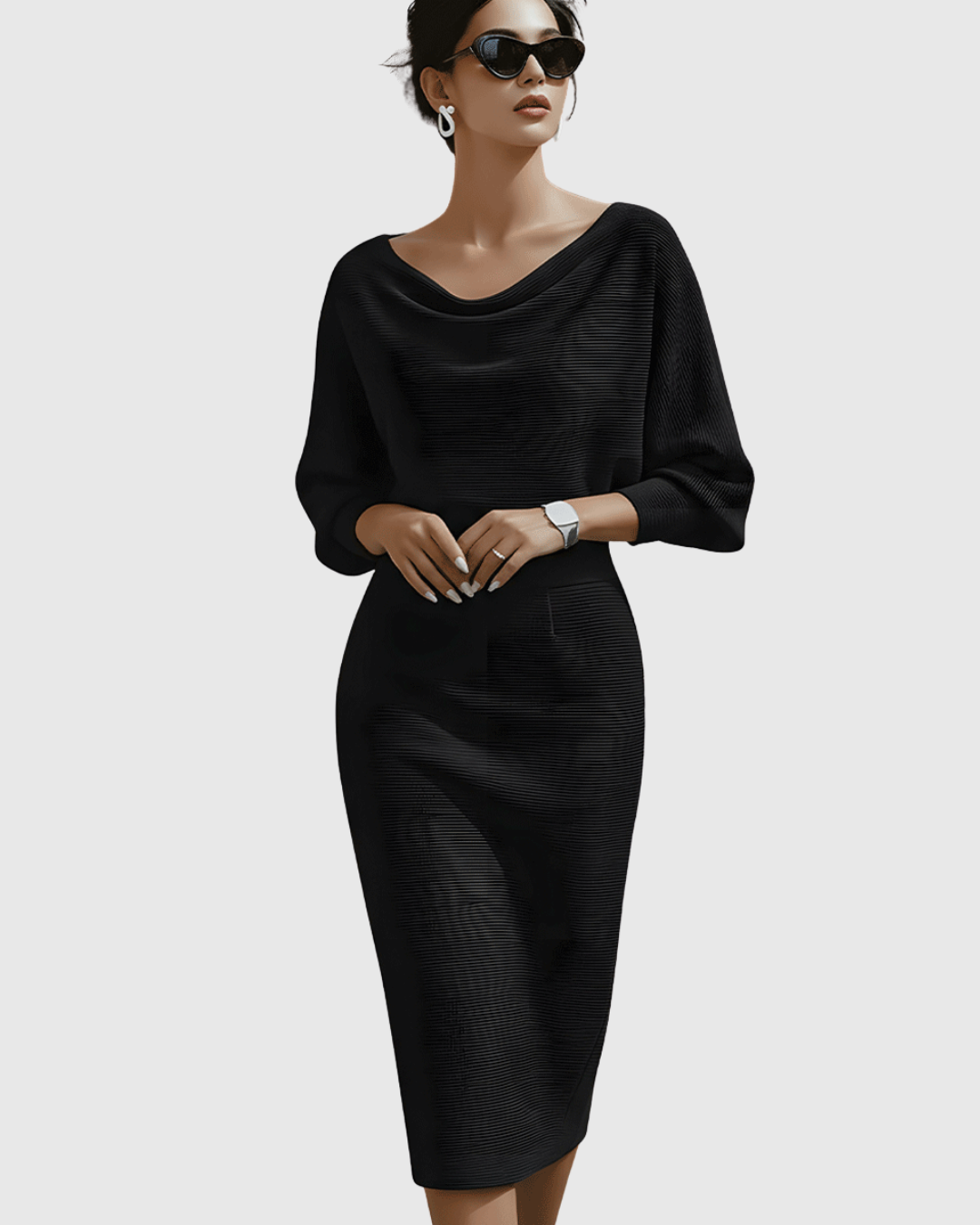 Ismeria | Women's Draped Batwing Midi Dress with Cowl Neckline