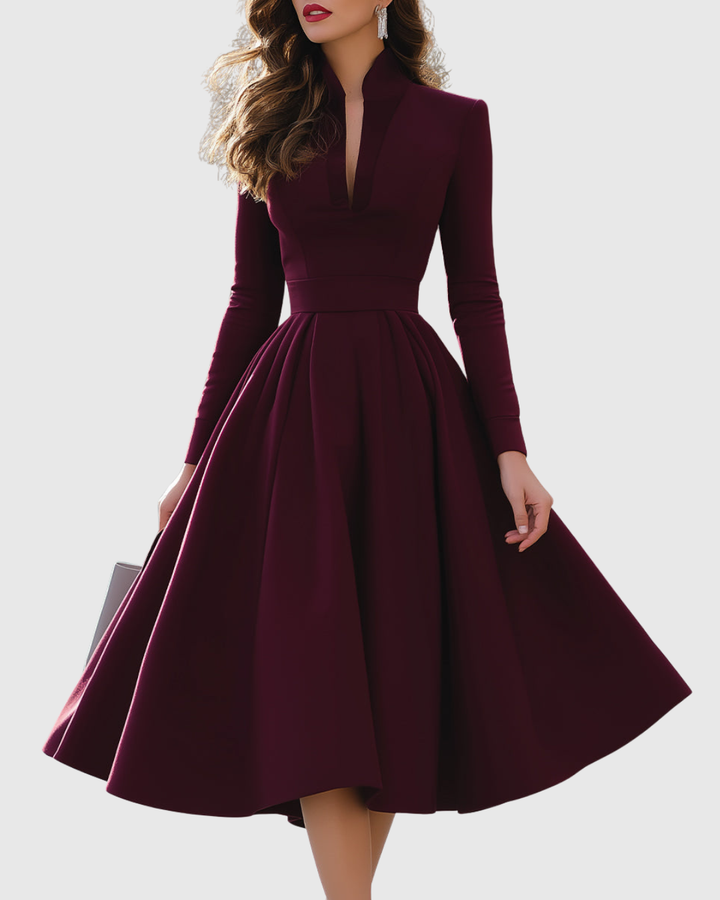 Avelina | Women's V-Neck Long Sleeve Midi Dress with Pleated Skirt