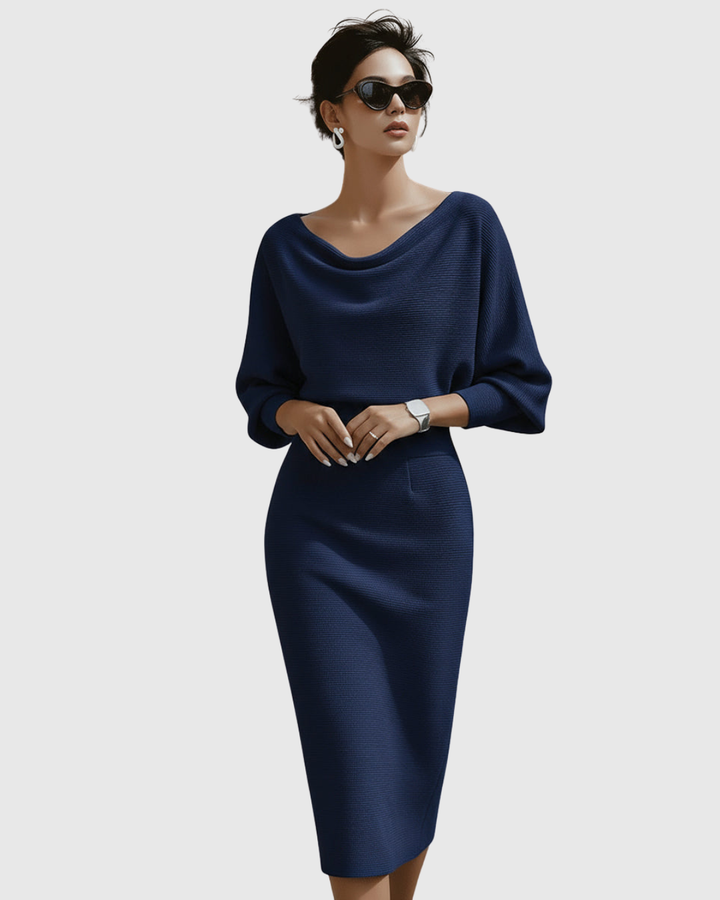 Ismeria | Women's Draped Batwing Midi Dress with Cowl Neckline