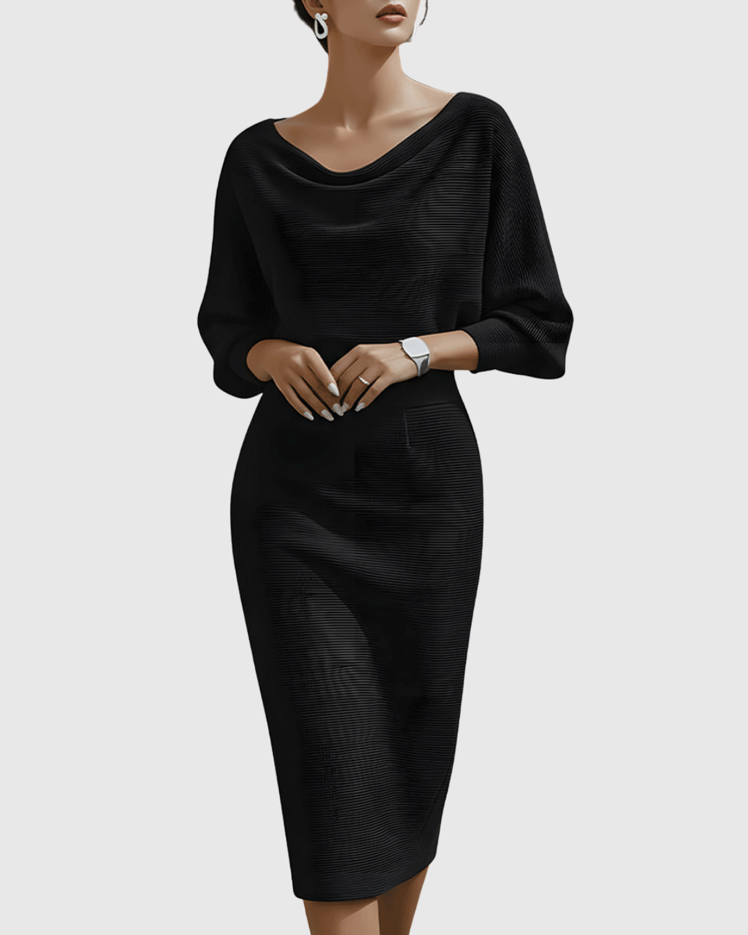 Ismeria | Women's Draped Batwing Midi Dress with Cowl Neckline