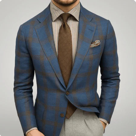 Bradley | Men's Slim Tailored Blue Check Blazer with Notched Lapels
