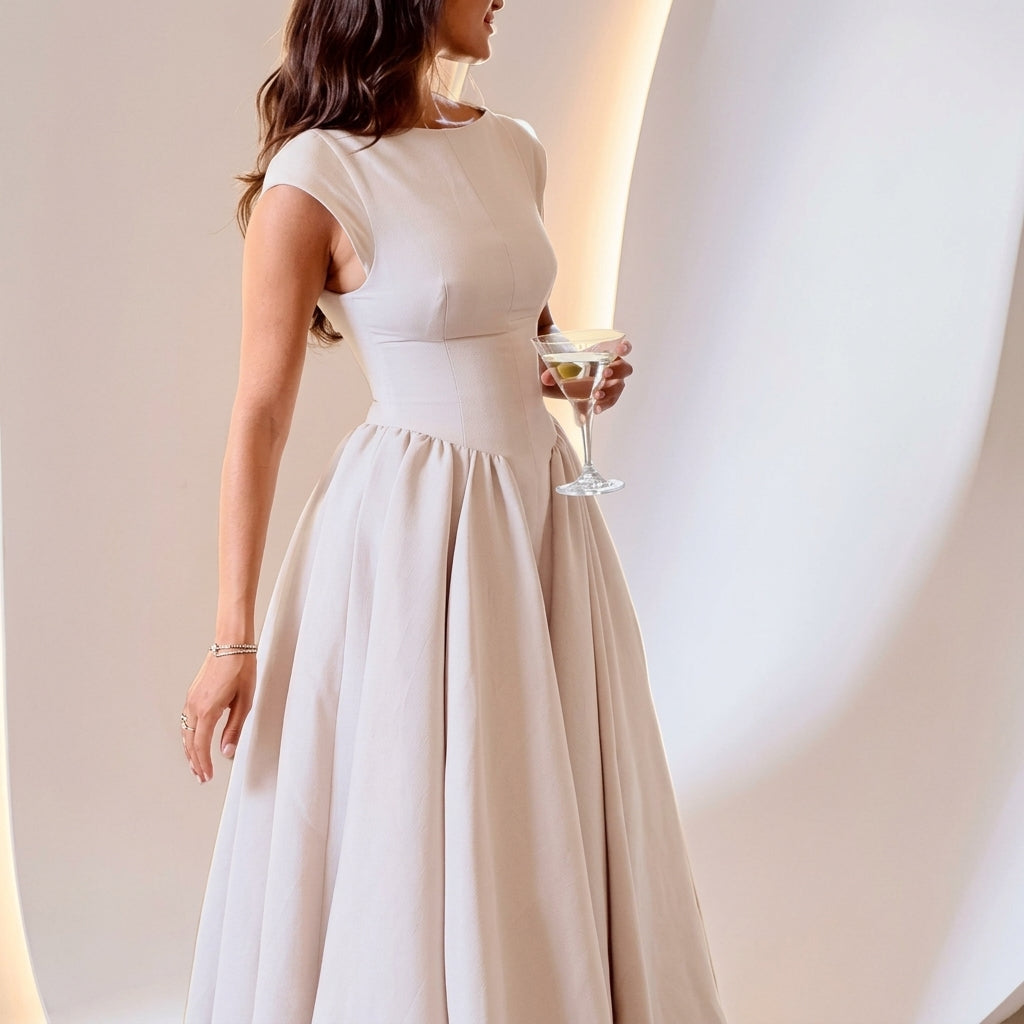 Sophia | Women's 1950s-Inspired Bateau Neck Full Skirt Satin Midi Dress