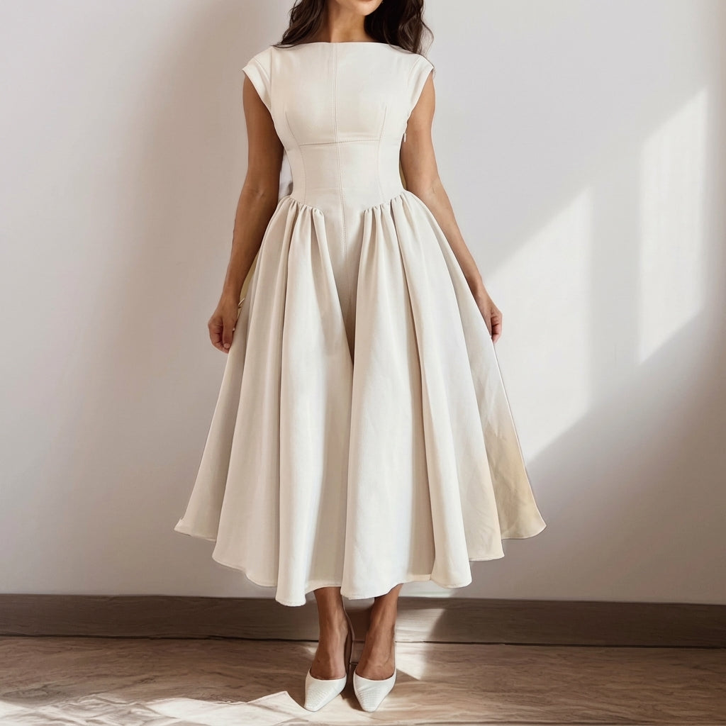 Sophia | Women's 1950s-Inspired Bateau Neck Full Skirt Satin Midi Dress
