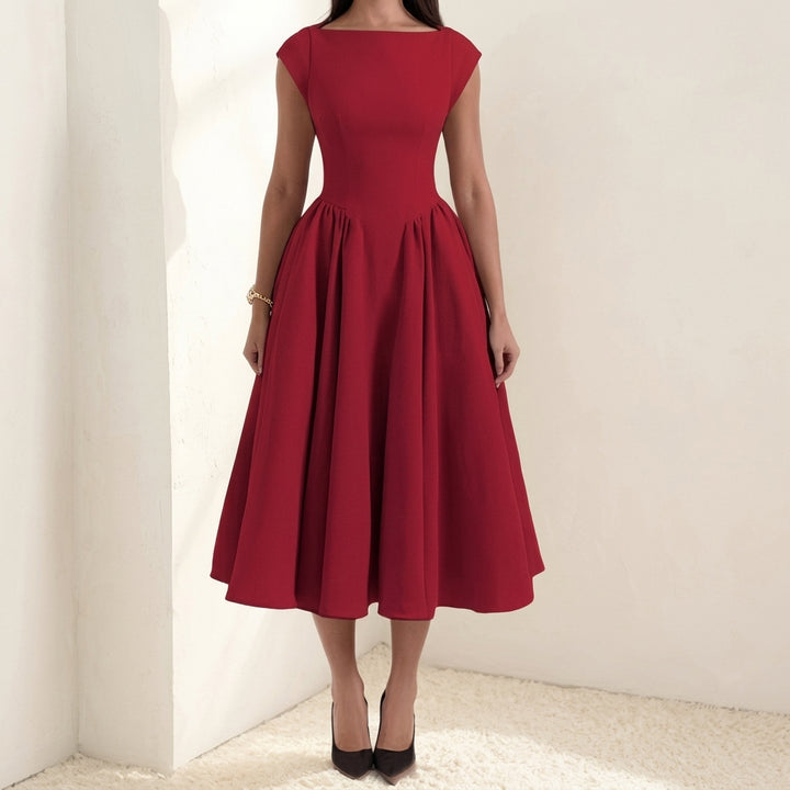 Sophia | Women's 1950s-Inspired Bateau Neck Full Skirt Satin Midi Dress