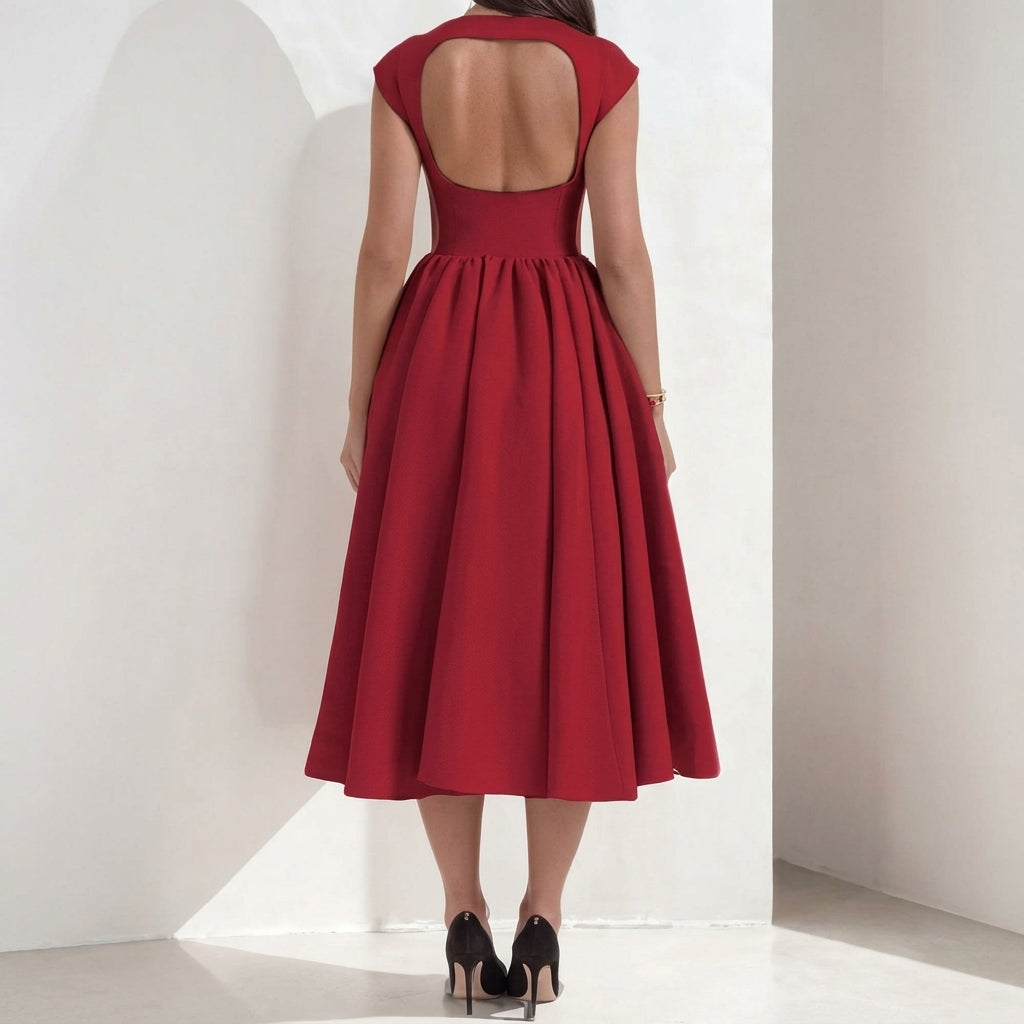 Sophia | Women's 1950s-Inspired Bateau Neck Full Skirt Satin Midi Dress