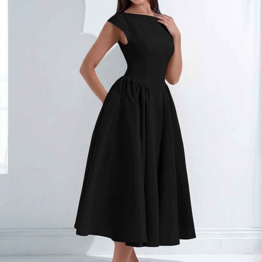 Sophia | Women's 1950s-Inspired Bateau Neck Full Skirt Satin Midi Dress
