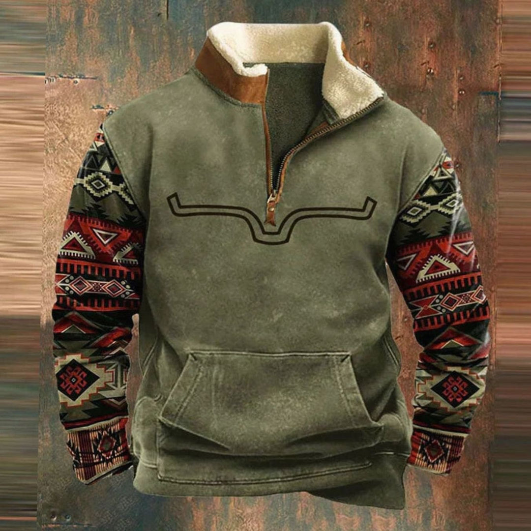 Men's Aztec Quarter-Zip Fleece-Lined Pullover Sweater - Green