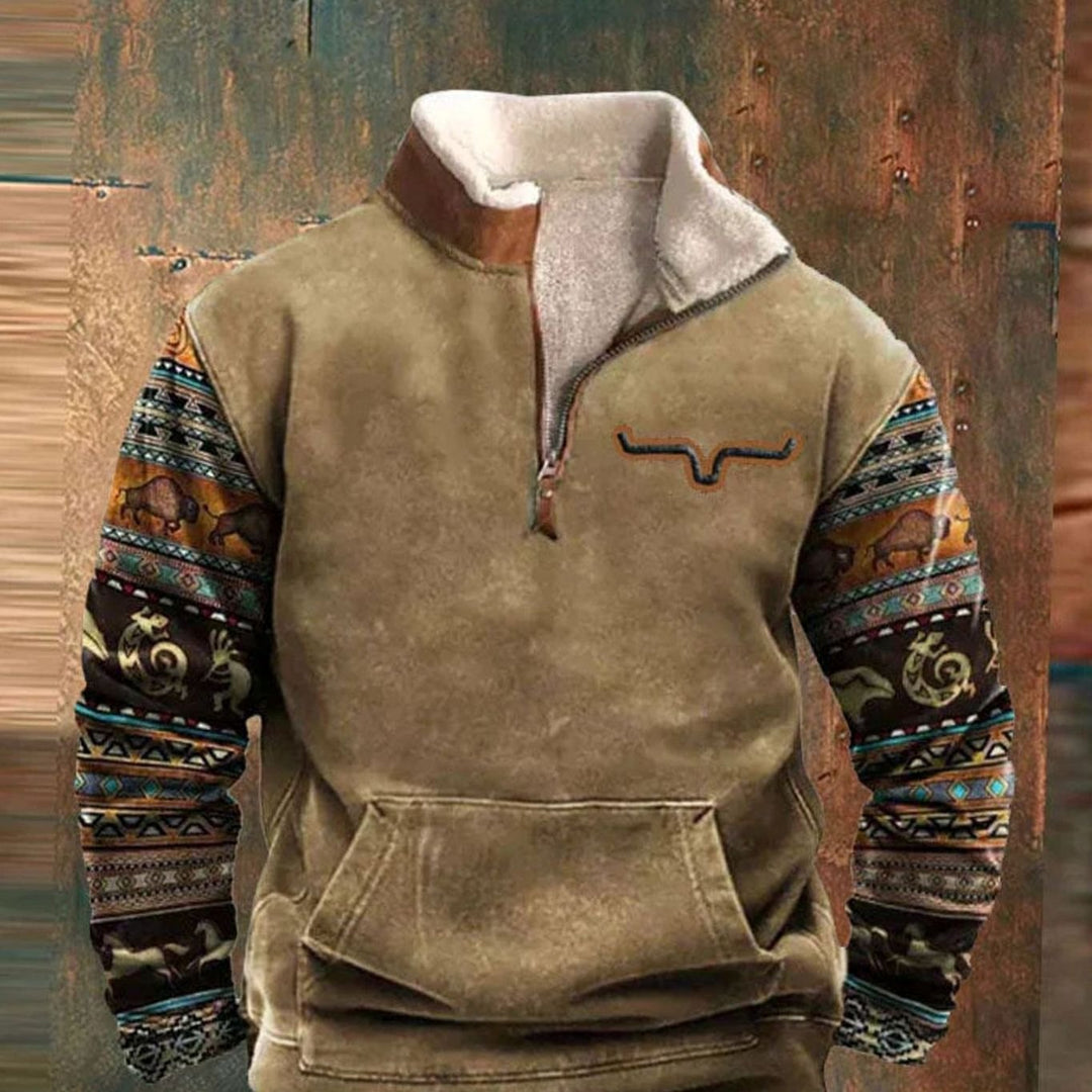 Men's Aztec Quarter-Zip Fleece-Lined Pullover Sweater - Khaki