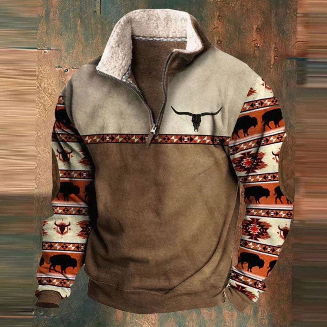 Men's Aztec Quarter-Zip Fleece-Lined Pullover Sweater - Dark Brown
