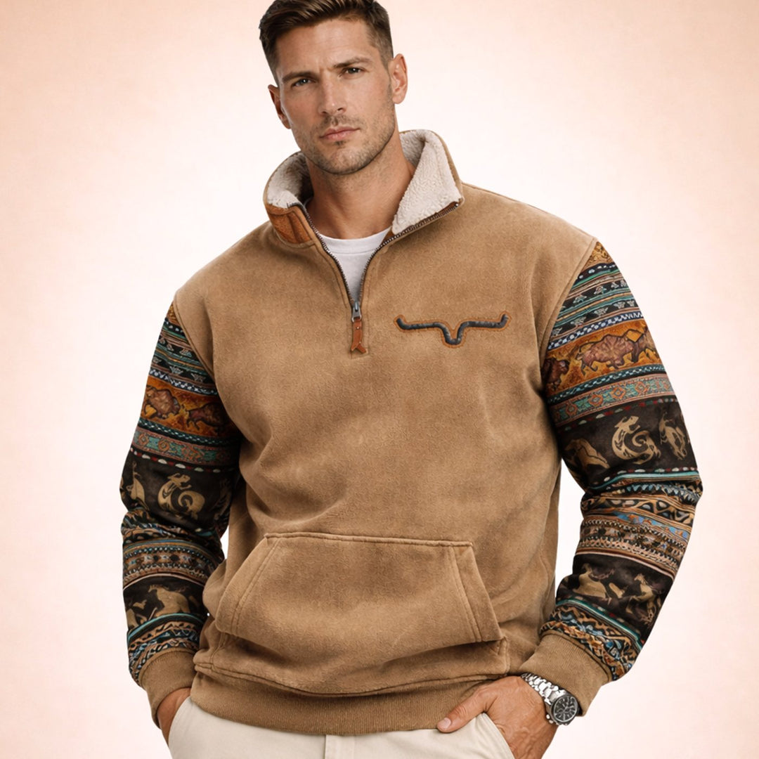 Men's Aztec Quarter-Zip Fleece-Lined Pullover Sweater