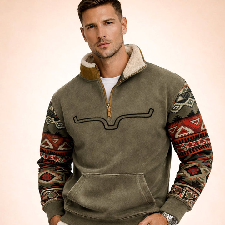 Men's Aztec Quarter-Zip Fleece-Lined Pullover Sweater