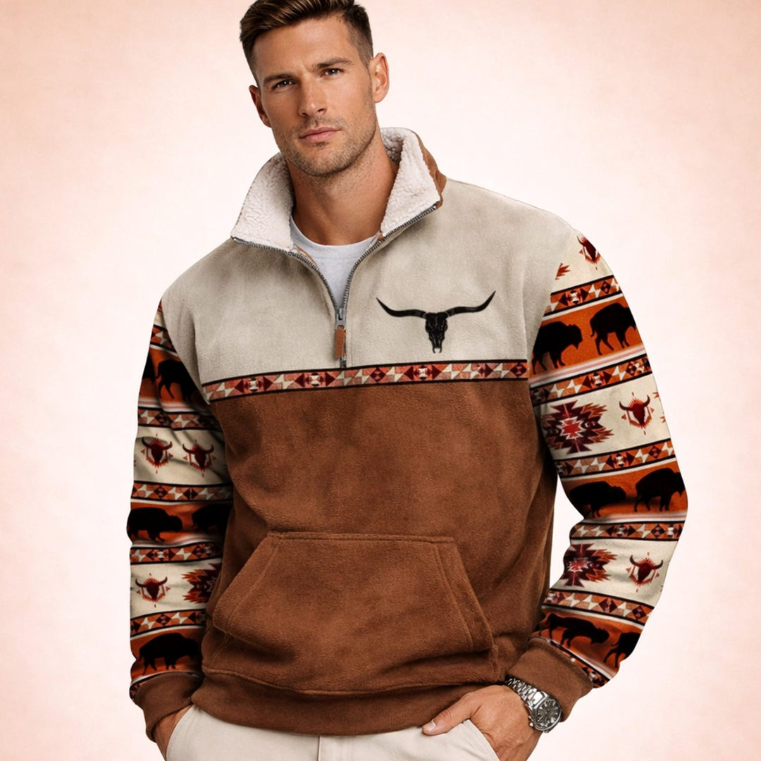 Men's Aztec Quarter-Zip Fleece-Lined Pullover Sweater