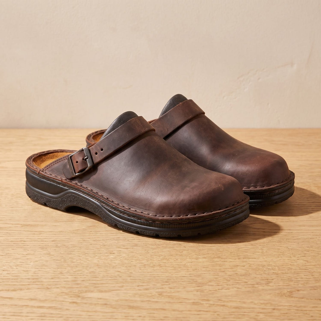 Men's Buckle-Strap Leather Slip-On Clog Mules - Brown