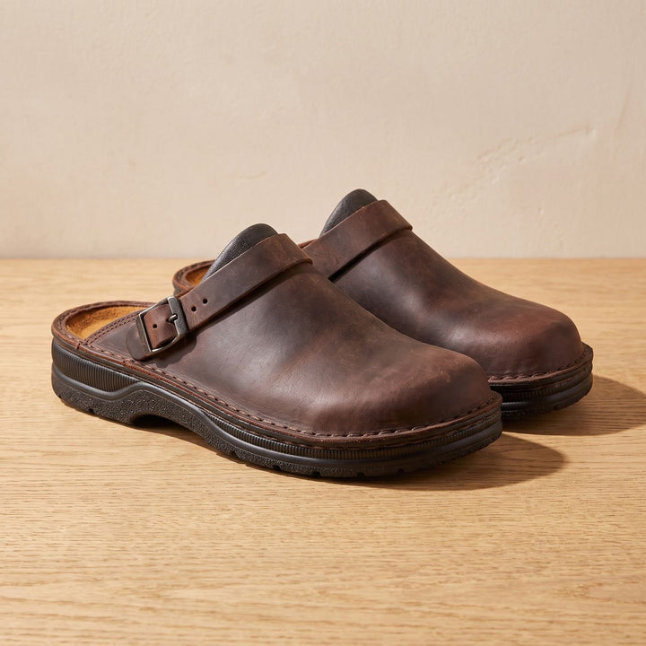 Men's Buckle-Strap Leather Slip-On Clog Mules - Brown