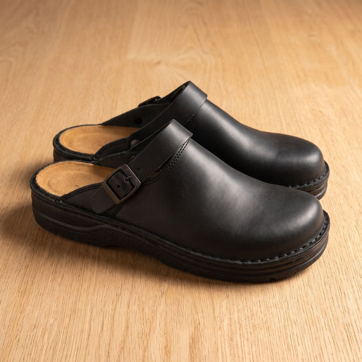 Men's Buckle-Strap Leather Slip-On Clog Mules - Black