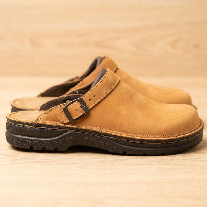 Men's Buckle-Strap Leather Slip-On Clog Mules - Khaki