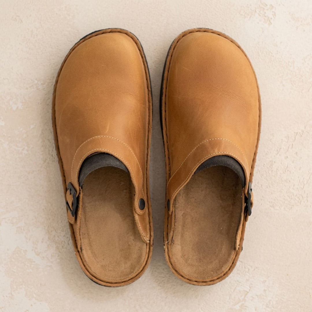 Men's Buckle-Strap Leather Slip-On Clog Mules