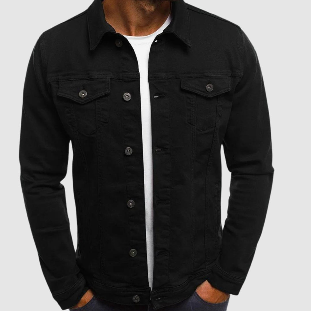Men's Button-Front Denim Trucker Jacket Flap Pockets - Black