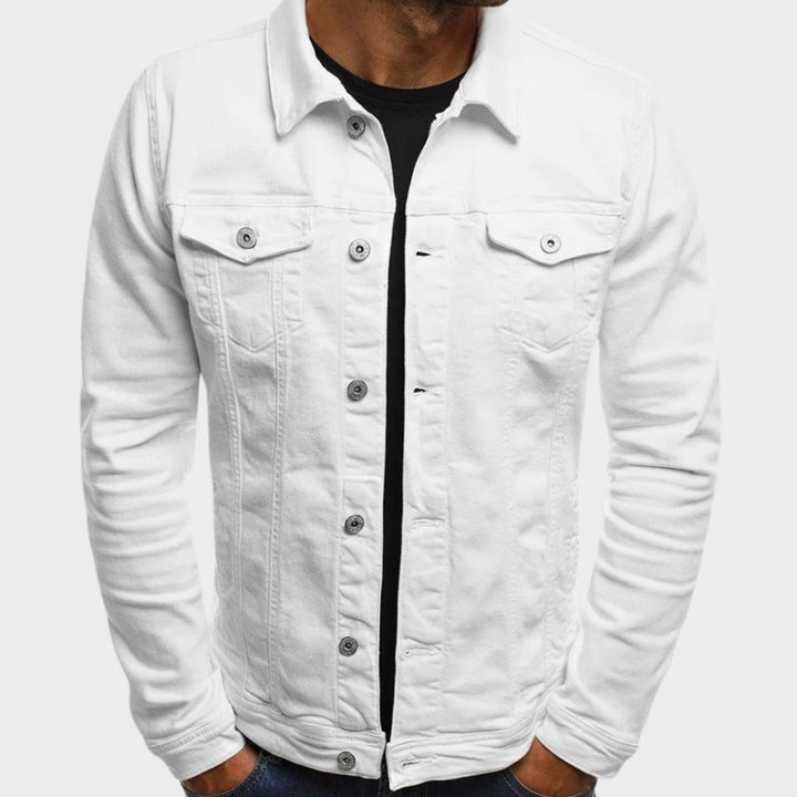 Men's Button-Front Denim Trucker Jacket Flap Pockets - White