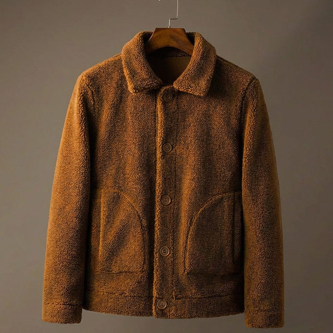 Men's Button-Front Sherpa Fleece Winter Jacket - Camel