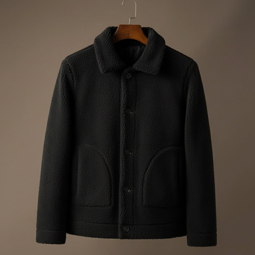 Men's Button-Front Sherpa Fleece Winter Jacket - Black