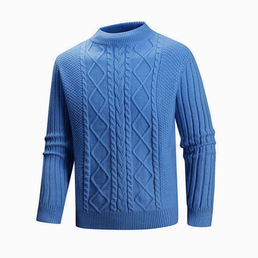 Men's Cable-Knit Mock-Neck Ribbed Sleeve Pullover Sweater - Blue