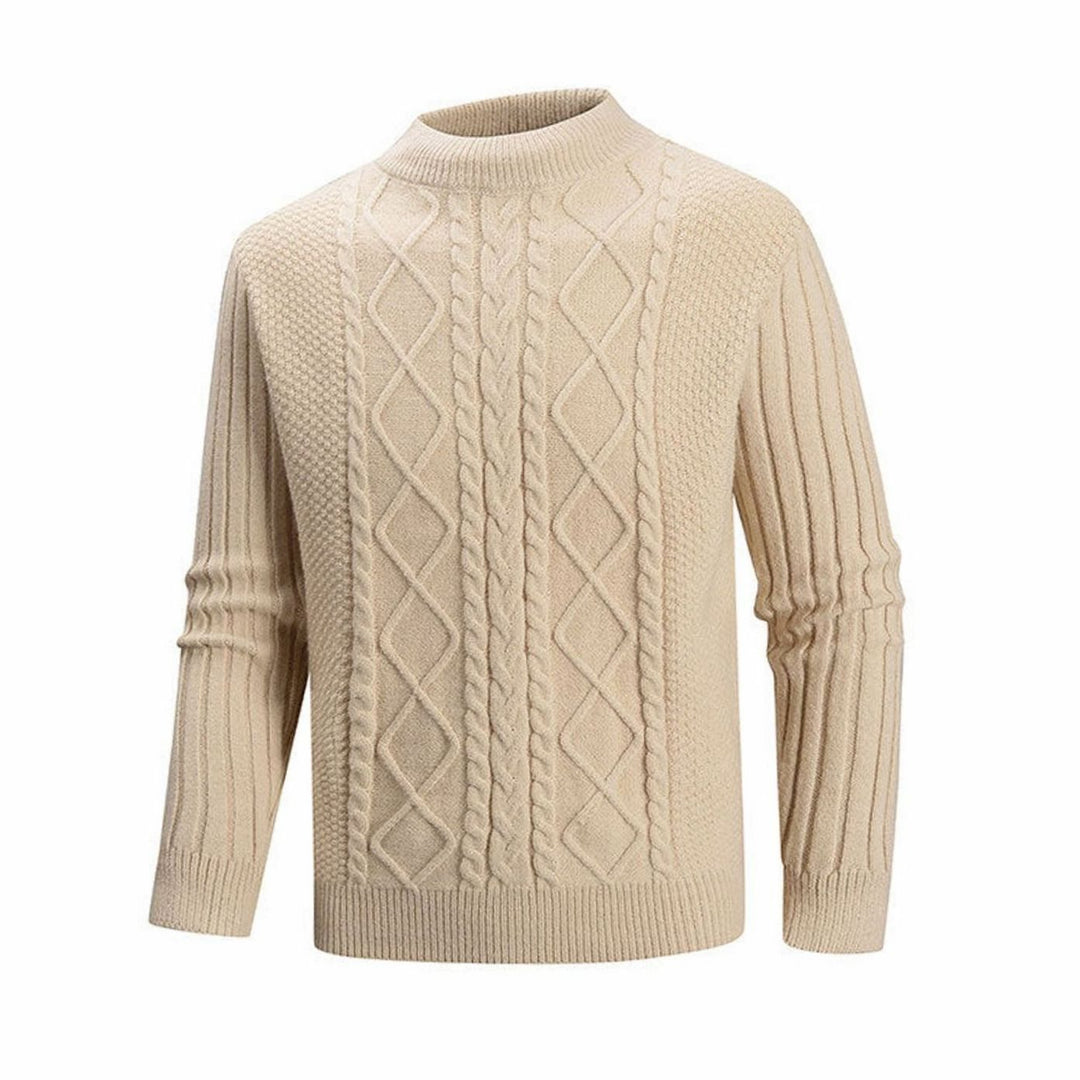 Men's Cable-Knit Mock-Neck Ribbed Sleeve Pullover Sweater - Khaki