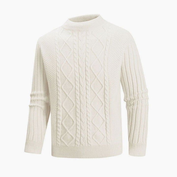 Men's Cable-Knit Mock-Neck Ribbed Sleeve Pullover Sweater - Ecru