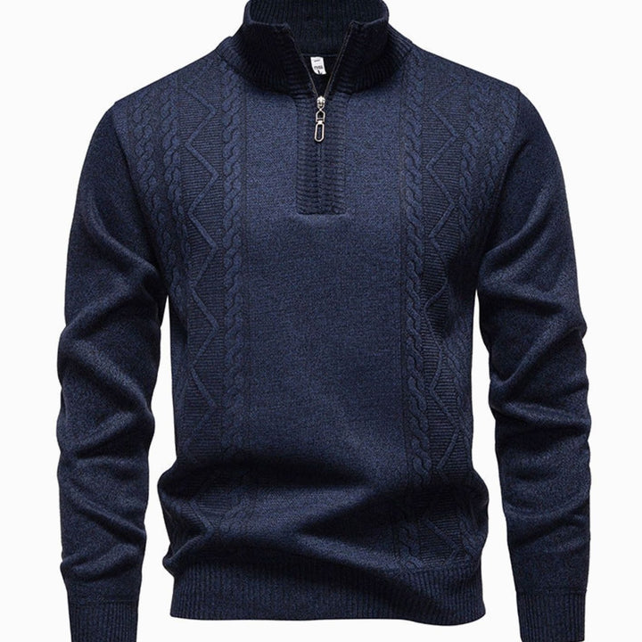 Men's Cable-Knit Quarter-Zip Stand-Collar Pullover Sweater
