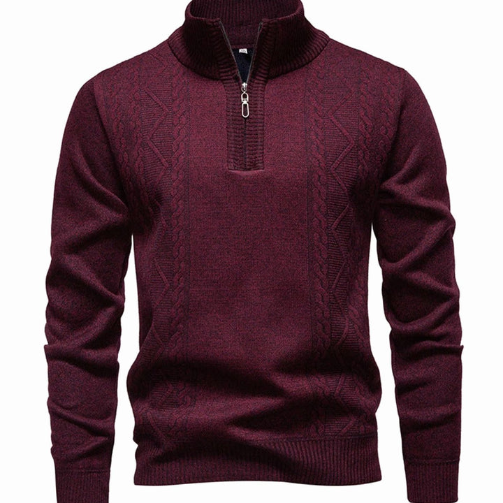 Men's Cable-Knit Quarter-Zip Stand-Collar Pullover Sweater - Burgundy