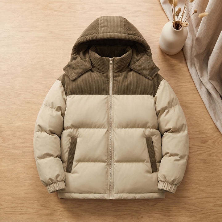 Men's Corduroy-Trim Hooded Quilted Puffer Coat - Khaki