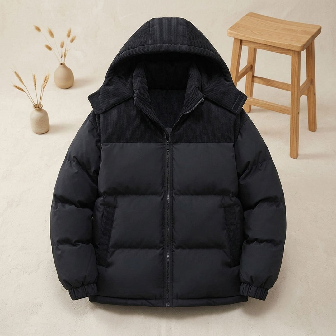 Men's Corduroy-Trim Hooded Quilted Puffer Coat - Black