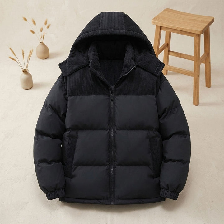 Men's Corduroy-Trim Hooded Quilted Puffer Coat - Black