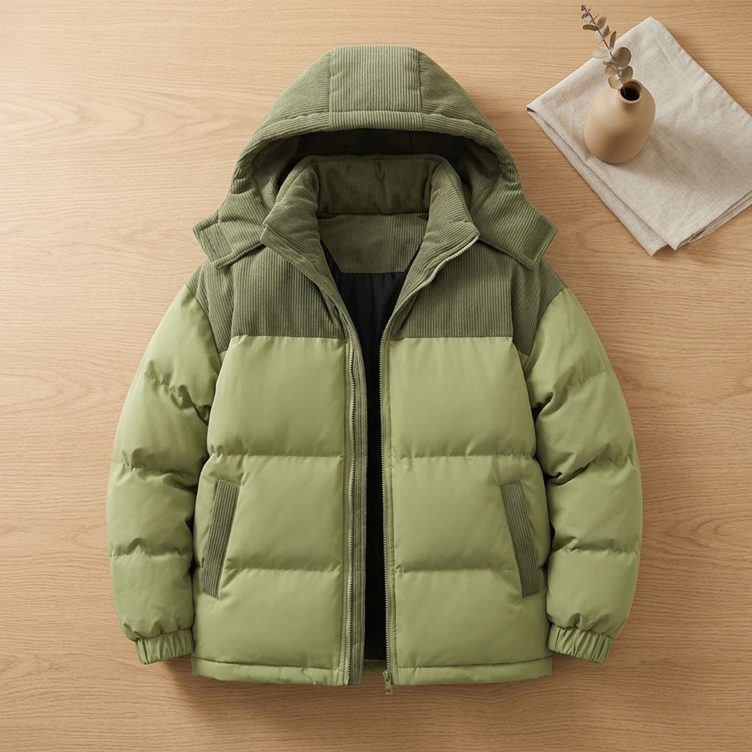 Men's Corduroy-Trim Hooded Quilted Puffer Coat - Green
