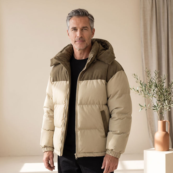 Men's Corduroy-Trim Hooded Quilted Puffer Coat