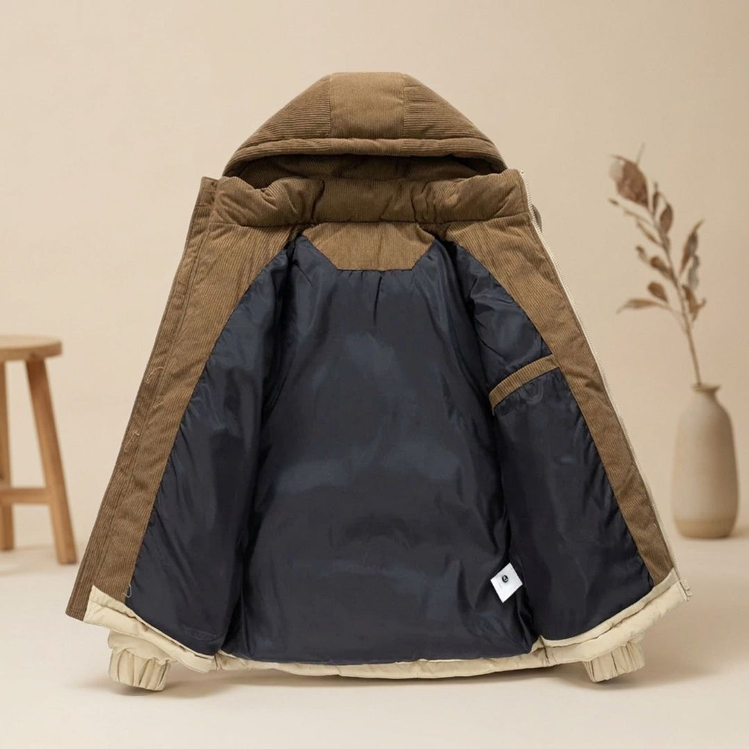 Men's Corduroy-Trim Hooded Quilted Puffer Coat