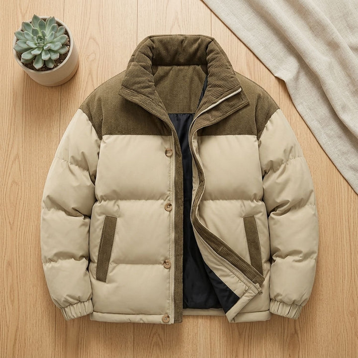 Men's Corduroy-Trim Hooded Quilted Puffer Coat