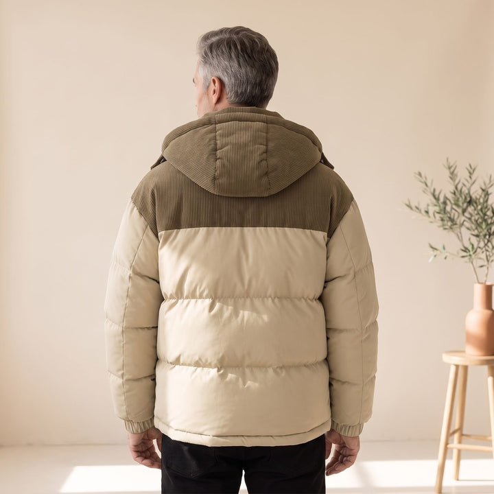 Men's Corduroy-Trim Hooded Quilted Puffer Coat