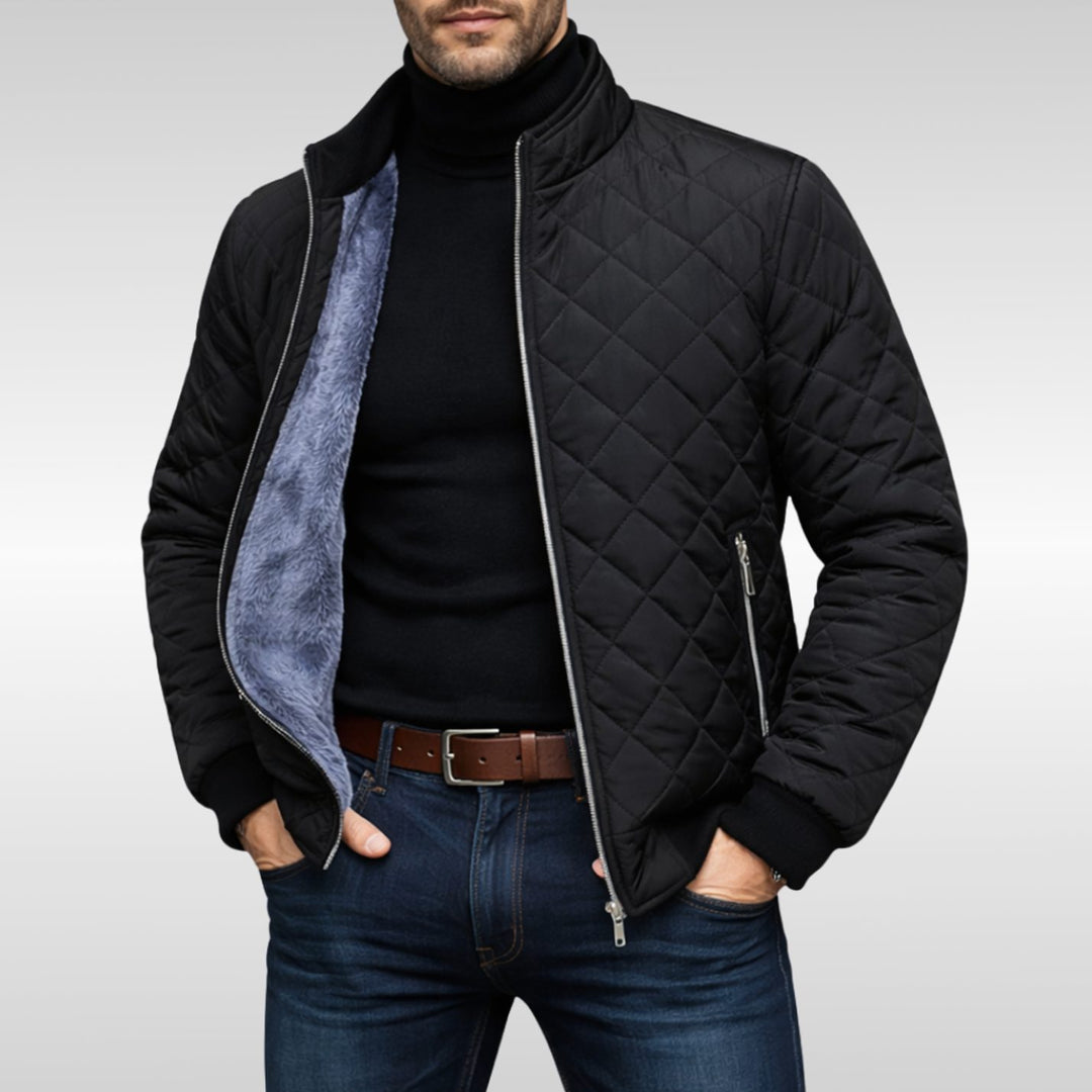 Men's Diamond-Quilted Fleece-Lined Full-Zip Winter Jacket - Black