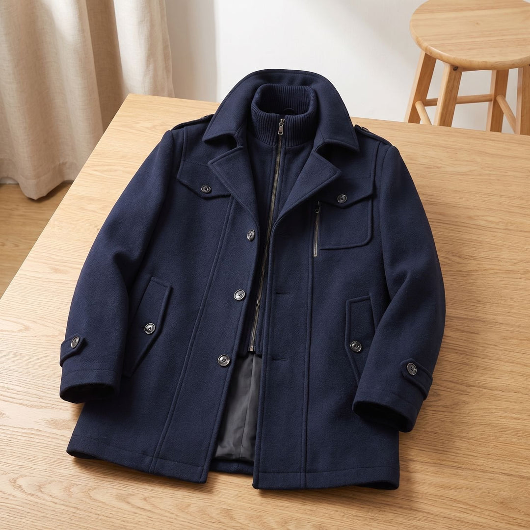 Men's Double-Layer Wool-Blend Button-Front Winter Overcoat - Dark Blue