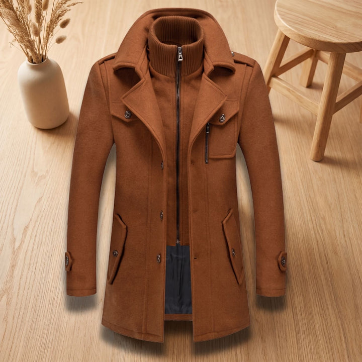 Men's Double-Layer Wool-Blend Button-Front Winter Overcoat - Camel