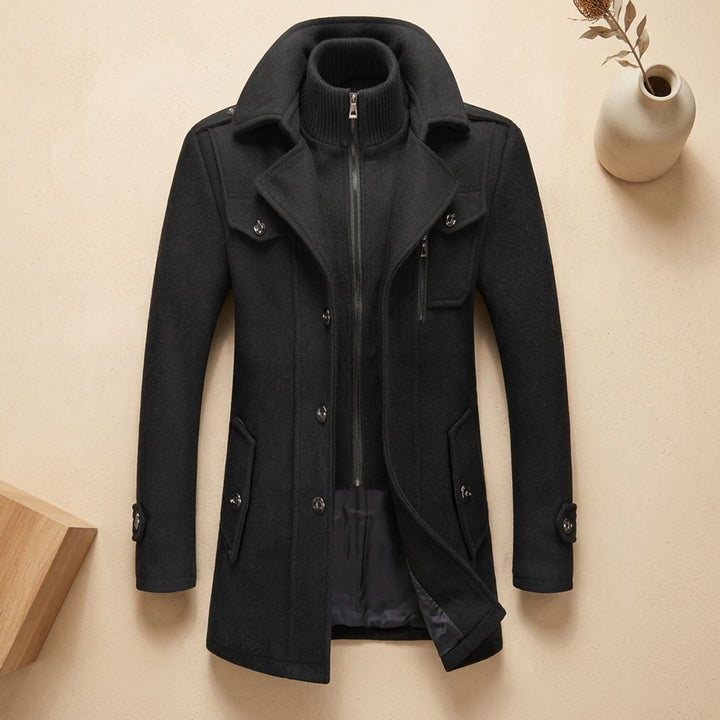 Men's Double-Layer Wool-Blend Button-Front Winter Overcoat - Black