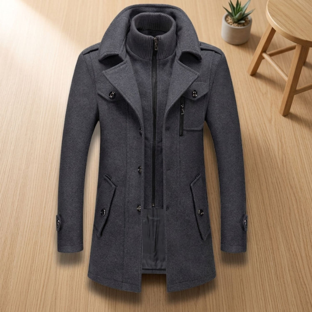 Men's Double-Layer Wool-Blend Button-Front Winter Overcoat - Gray