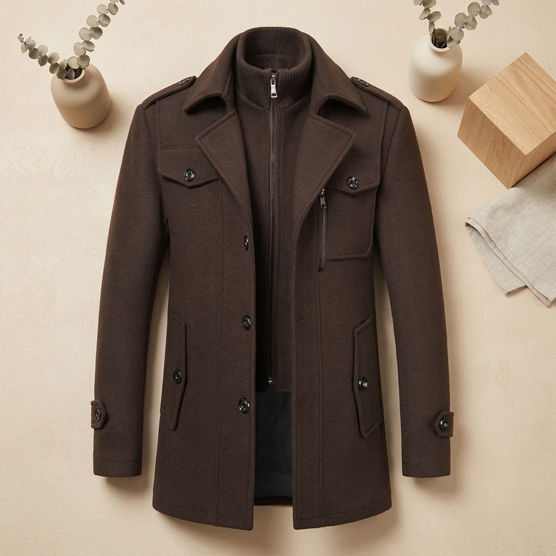 Men's Double-Layer Wool-Blend Button-Front Winter Overcoat - Brown