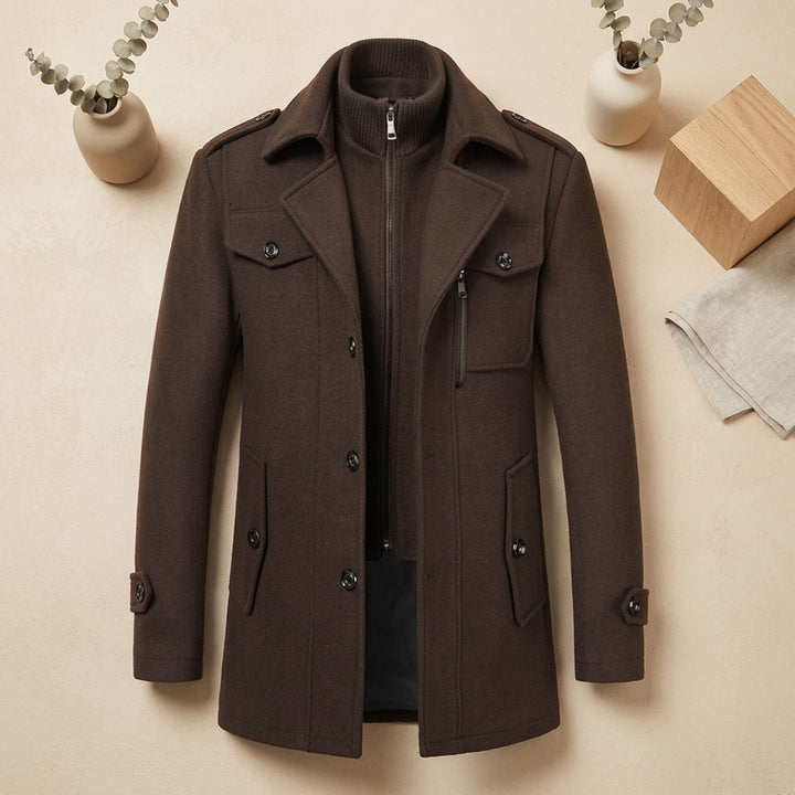 Men's Double-Layer Wool-Blend Button-Front Winter Overcoat - Brown