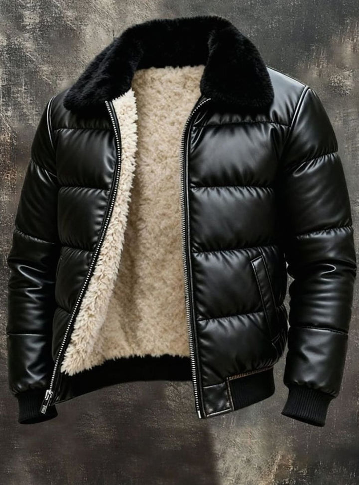 Men's Faux Leather Sherpa-Lined Quilted Puffer Jacket