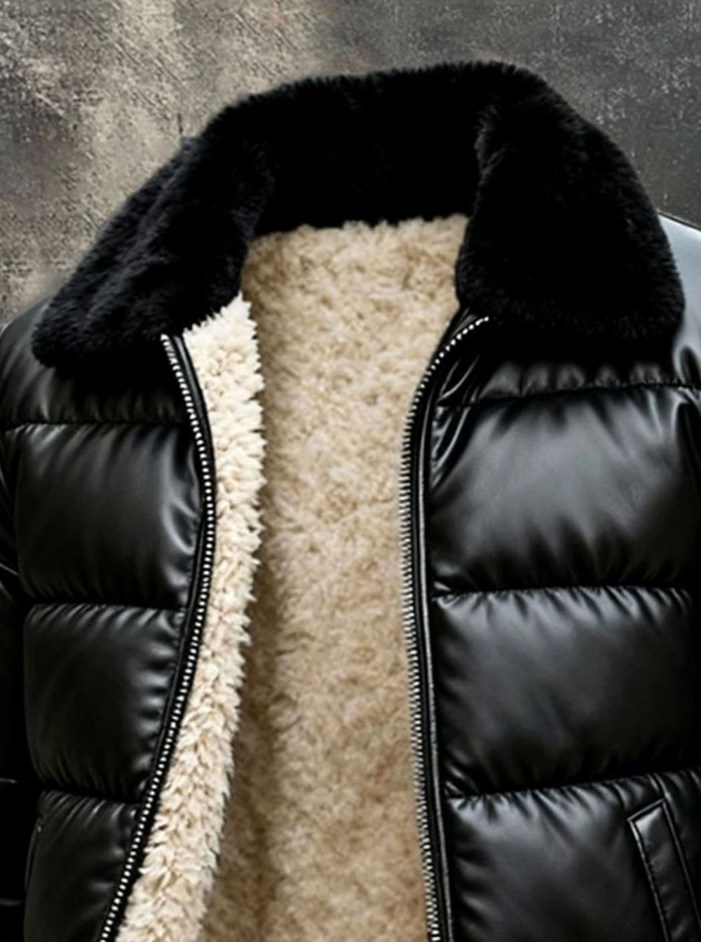 Men's Faux Leather Sherpa-Lined Quilted Puffer Jacket