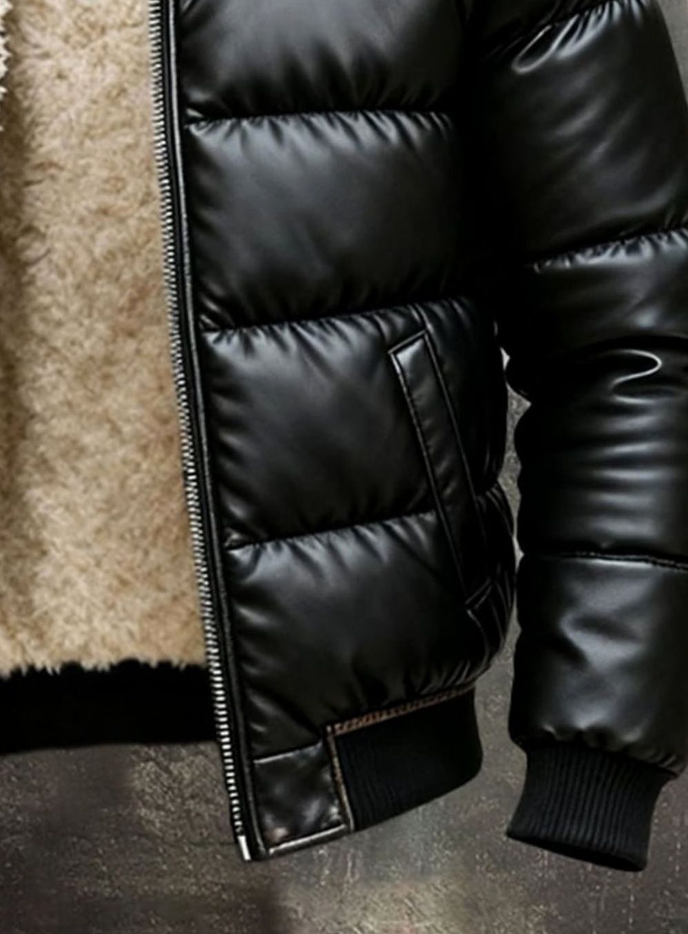 Men's Faux Leather Sherpa-Lined Quilted Puffer Jacket