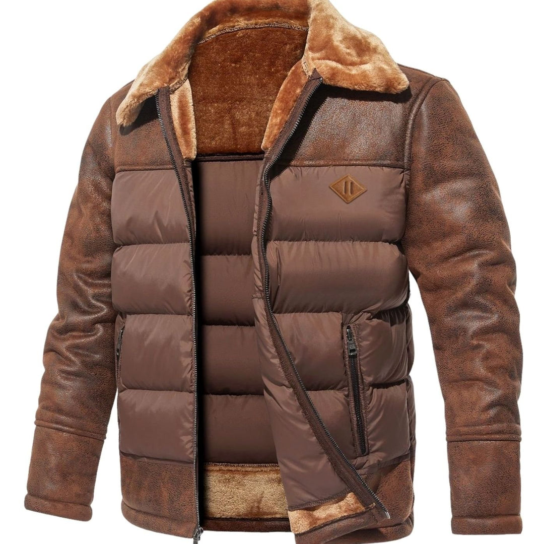 Men's Faux Leather Sherpa-Lined Quilted Puffer Jacket, Brown - Brown